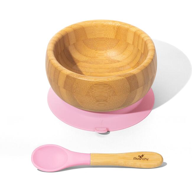 Baby Bamboo Stay Put Suction Bowl + Spoon, Pink