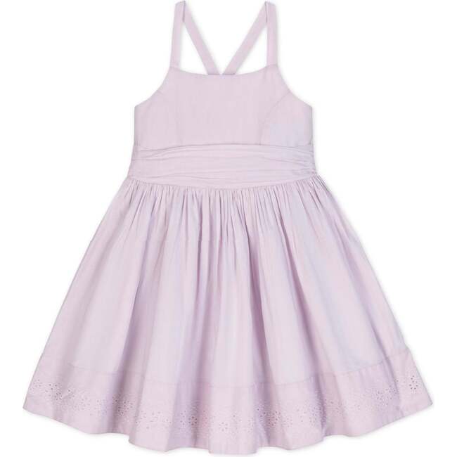 Organic Sleeveless Special Occasion Sundress with Bow Back Detail and Embroidery, Light Lavender